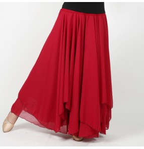 Black red green orange chiffon material long length women's ladies competition professional performance female full skirted ballroom flamenco tango waltz dance skirts 